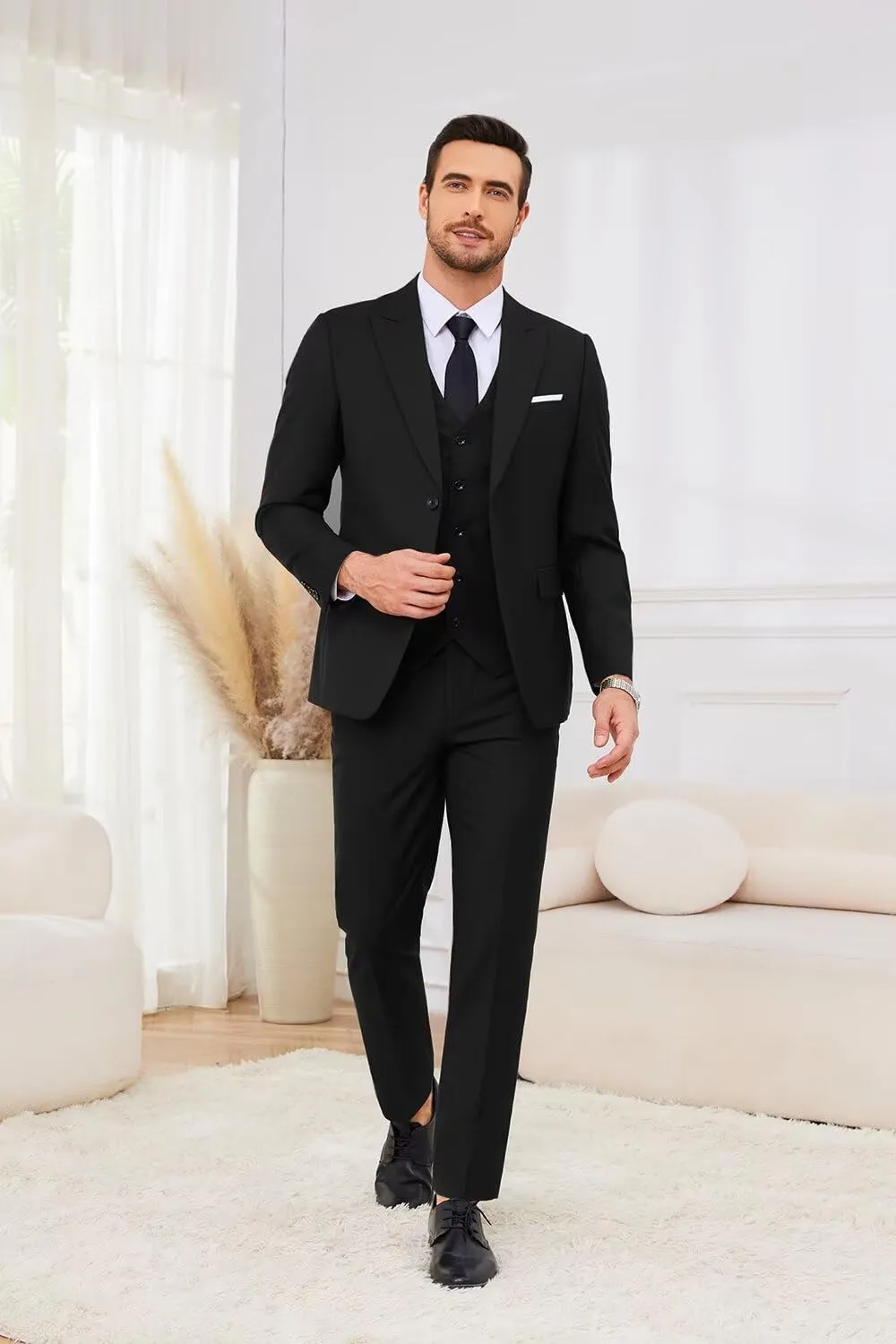 3 Piece Suits for Men Wedding Slim Fit Man Suit Sets Single Breasted Two Button Peak Lapel Blazer Vest Pants Set