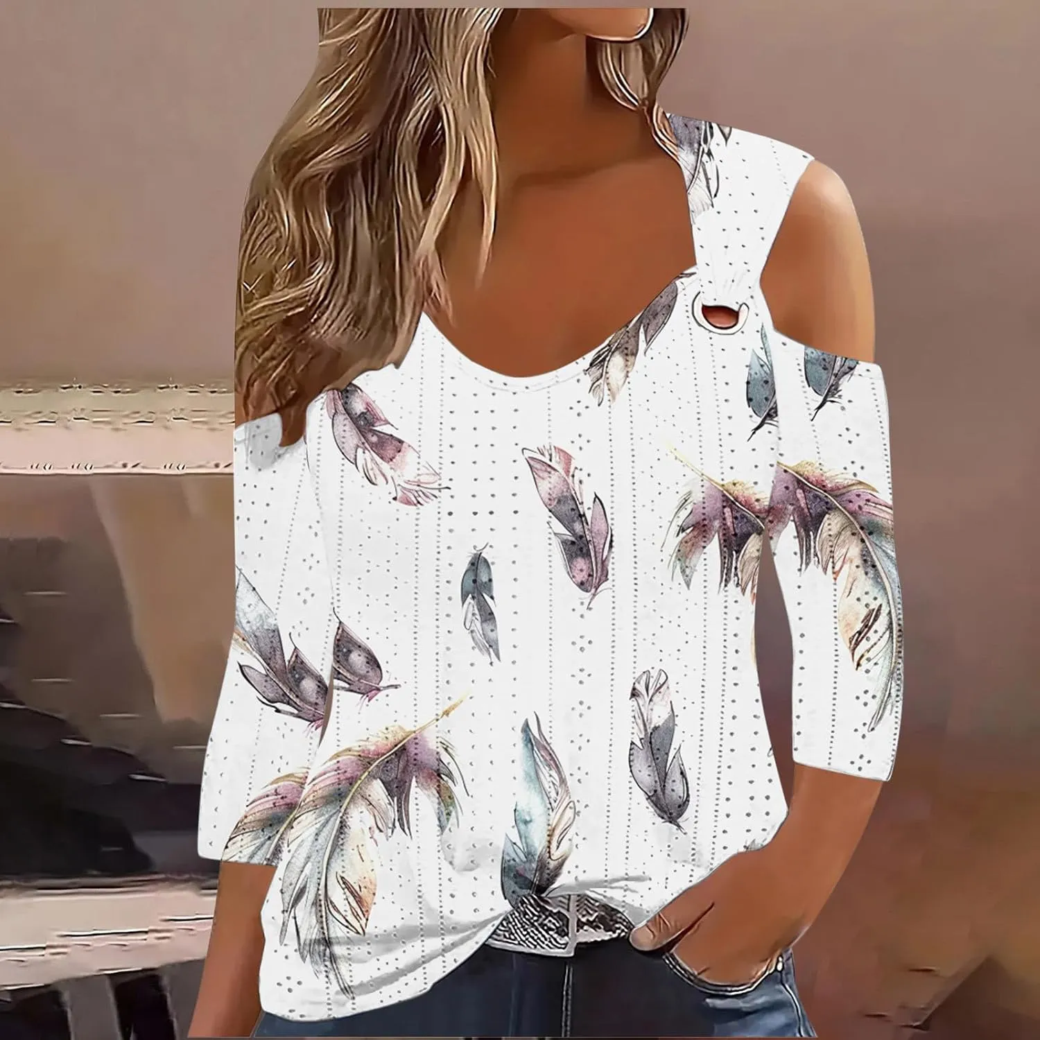 3/4 Length Sleeve Cold Shoulder Womens Plus Size Eyelet Tops Summer Casual Blouse Trendy Dressy Boho Floral Shirts