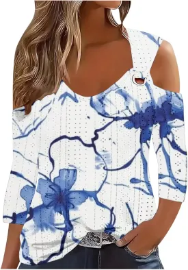 3/4 Length Sleeve Cold Shoulder Womens Plus Size Eyelet Tops Summer Casual Blouse Trendy Dressy Boho Floral Shirts