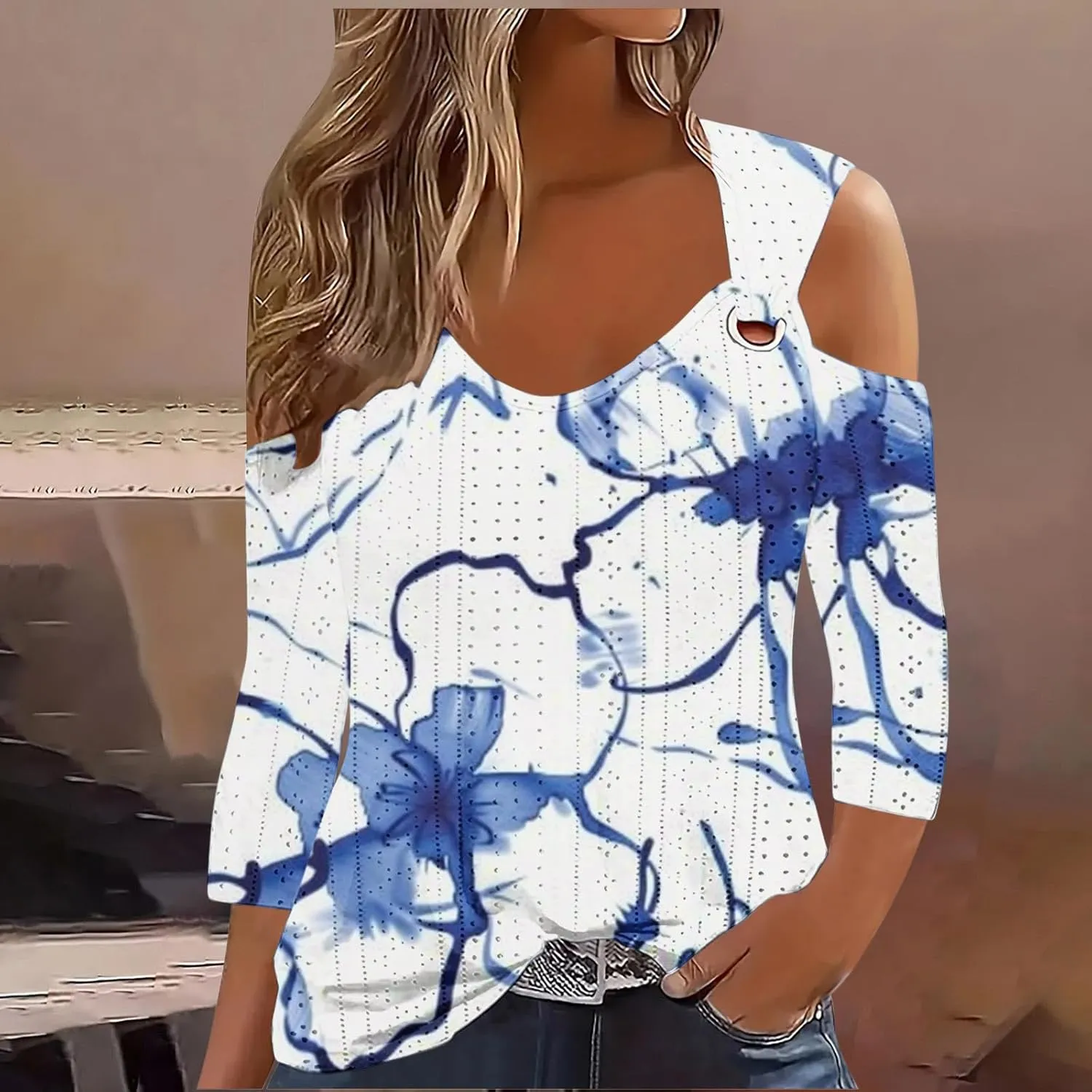 3/4 Length Sleeve Cold Shoulder Womens Plus Size Eyelet Tops Summer Casual Blouse Trendy Dressy Boho Floral Shirts