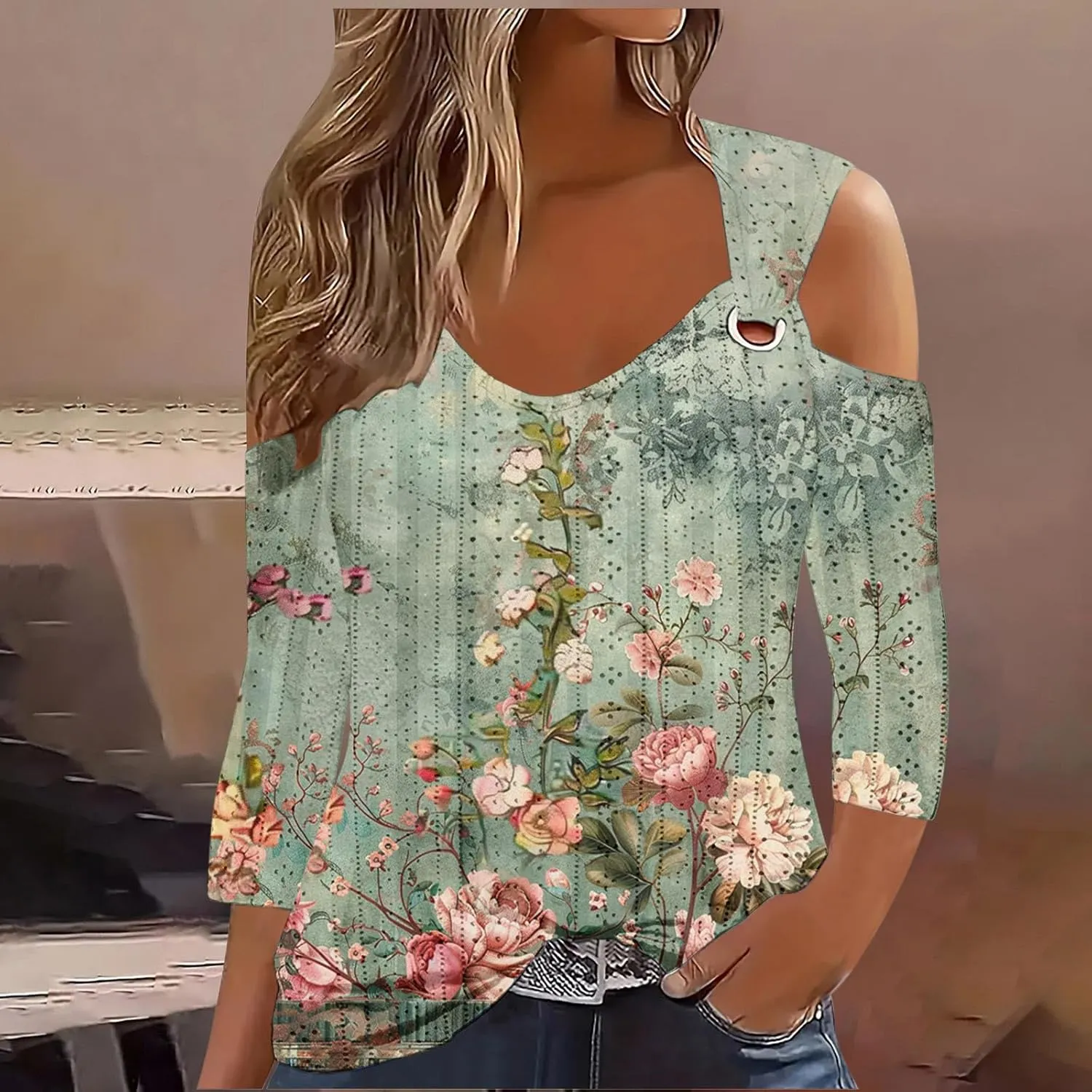 3/4 Length Sleeve Cold Shoulder Womens Plus Size Eyelet Tops Summer Casual Blouse Trendy Dressy Boho Floral Shirts