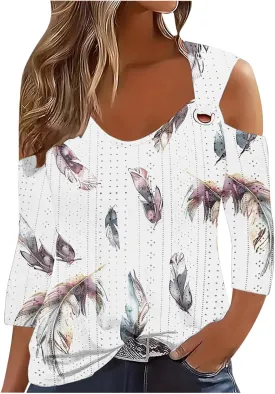 3/4 Length Sleeve Cold Shoulder Womens Plus Size Eyelet Tops Summer Casual Blouse Trendy Dressy Boho Floral Shirts