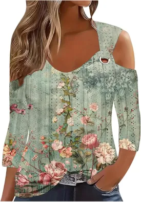 3/4 Length Sleeve Cold Shoulder Womens Plus Size Eyelet Tops Summer Casual Blouse Trendy Dressy Boho Floral Shirts
