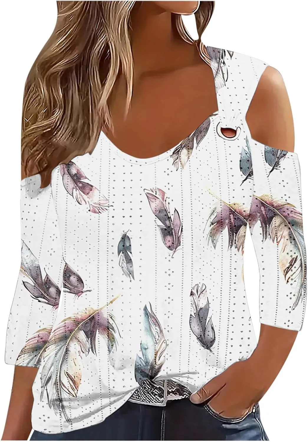 3/4 Length Sleeve Cold Shoulder Womens Plus Size Eyelet Tops Summer Casual Blouse Trendy Dressy Boho Floral Shirts