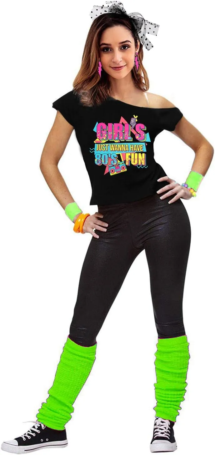 90s 80s Outfit for Women 80's Theme Party Disco Shirt Off The Shoulder Tops Vintage 90s Neon Off Shoulder Top