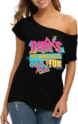 90s 80s Outfit for Women 80's Theme Party Disco Shirt Off The Shoulder Tops Vintage 90s Neon Off Shoulder Top