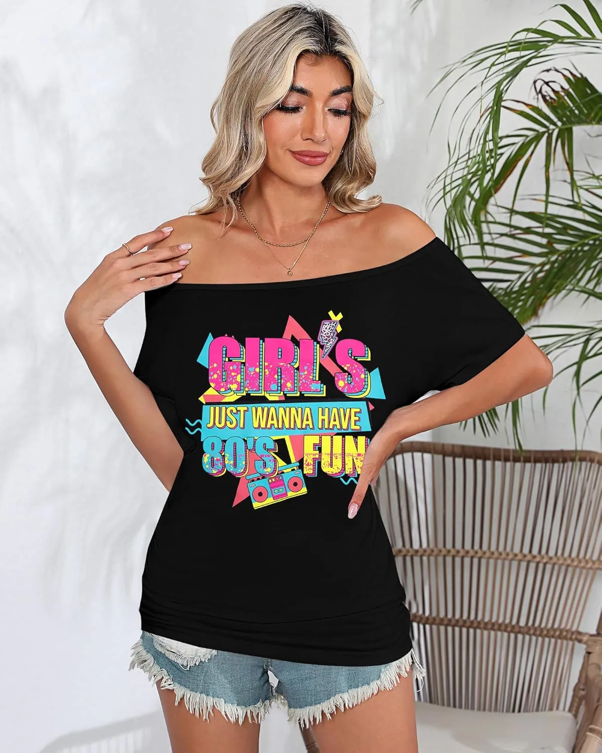 90s 80s Outfit for Women 80's Theme Party Disco Shirt Off The Shoulder Tops Vintage 90s Neon Off Shoulder Top