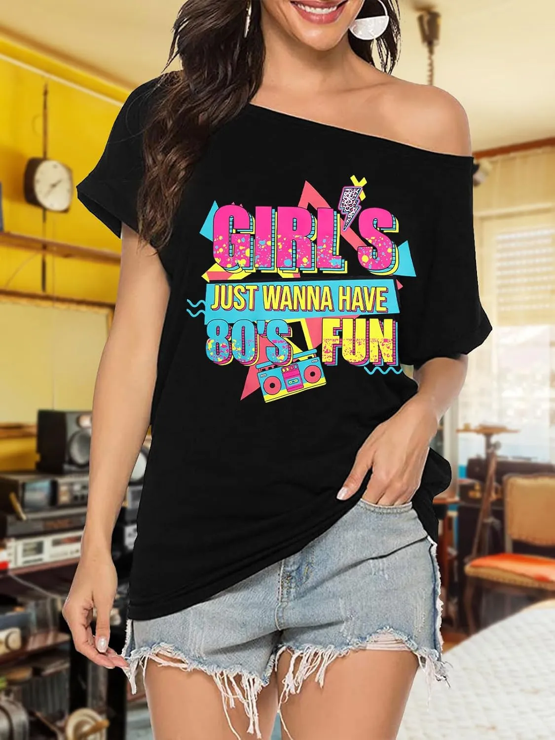 90s 80s Outfit for Women 80's Theme Party Disco Shirt Off The Shoulder Tops Vintage 90s Neon Off Shoulder Top