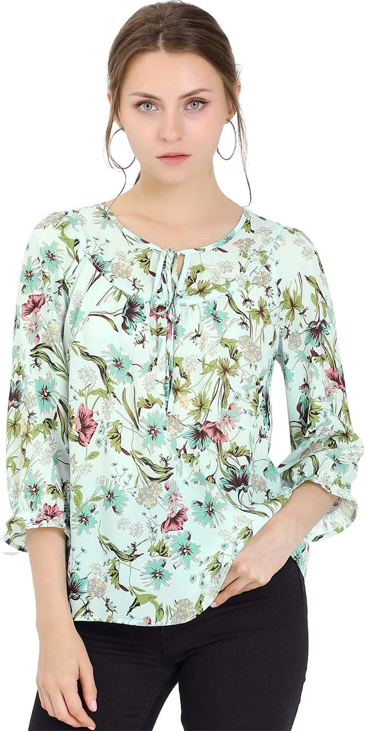 Allegra K Women's Bow Tops Vintage Tie Neck 3/4 Sleeve Floral Blouse