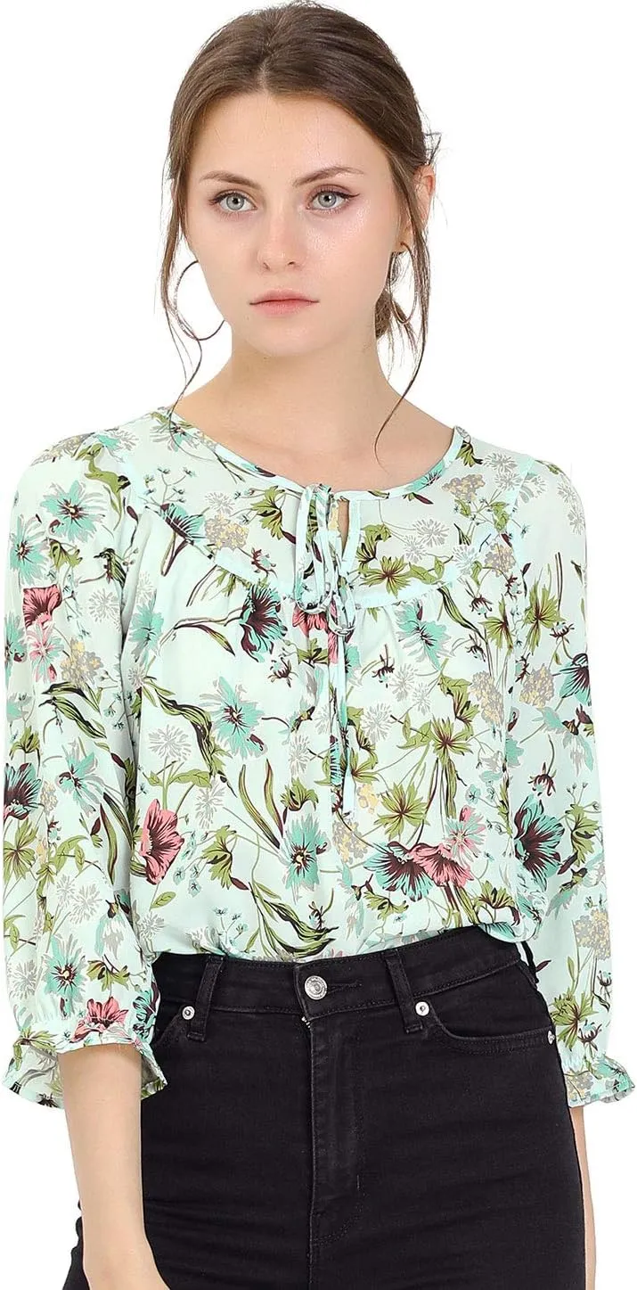 Allegra K Women's Bow Tops Vintage Tie Neck 3/4 Sleeve Floral Blouse