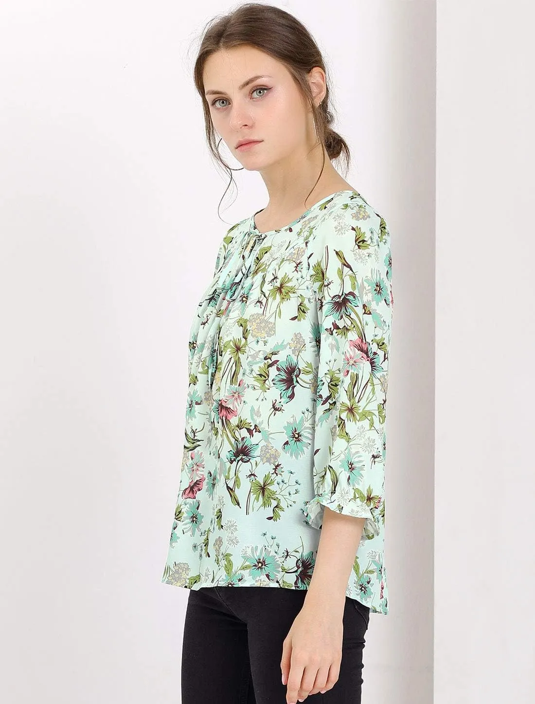 Allegra K Women's Bow Tops Vintage Tie Neck 3/4 Sleeve Floral Blouse