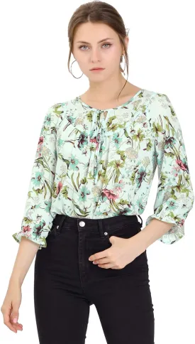 Allegra K Women's Bow Tops Vintage Tie Neck 3/4 Sleeve Floral Blouse