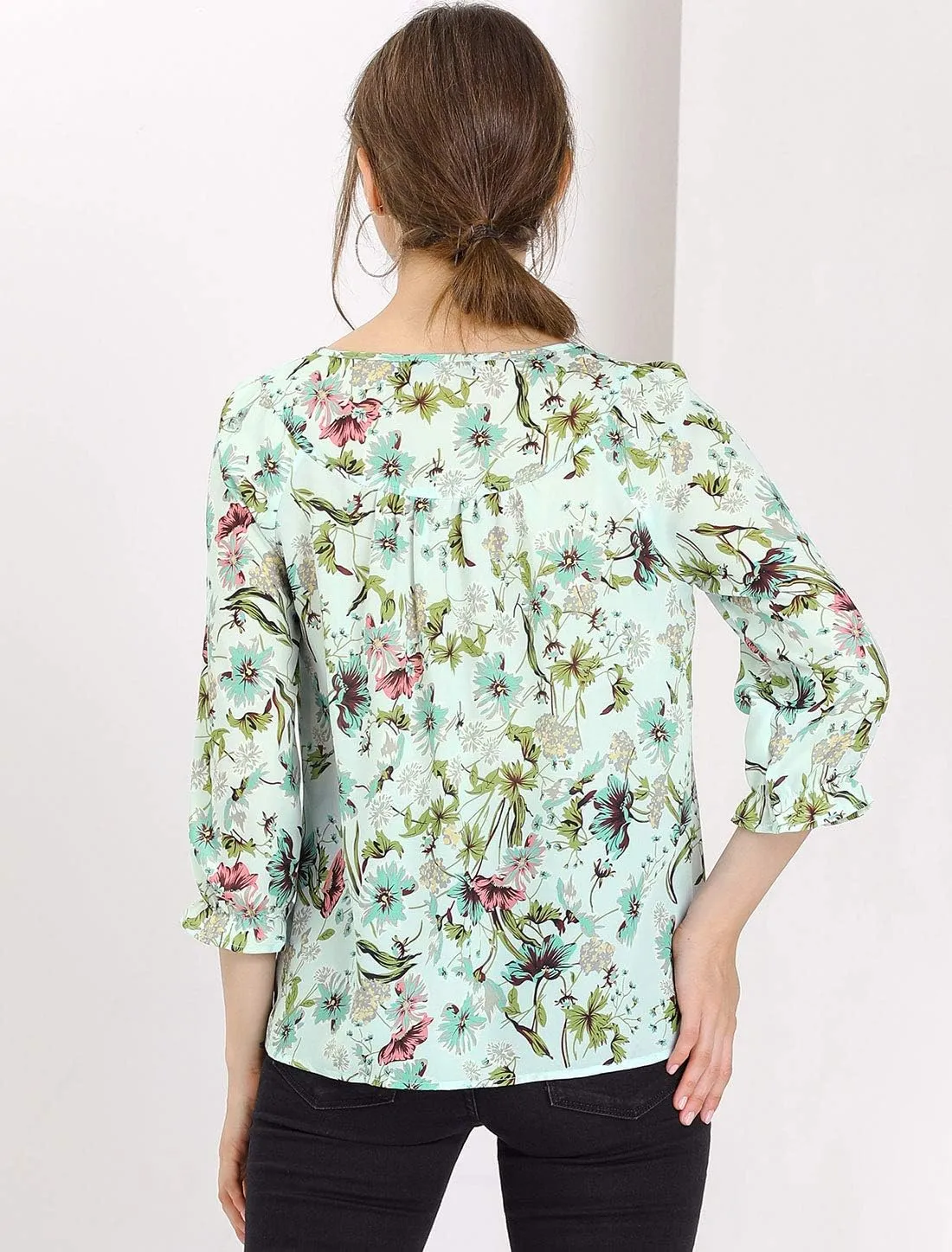 Allegra K Women's Bow Tops Vintage Tie Neck 3/4 Sleeve Floral Blouse