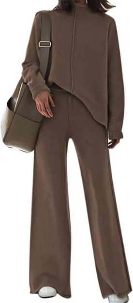 AOHITE Womens 2 Piece Outfit Set Long Sleeve Knit Pullover Sweater Top and Wide Leg Pants Sweatsuit