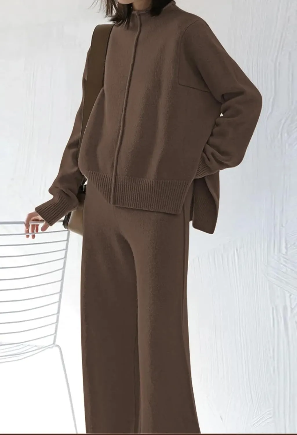 AOHITE Womens 2 Piece Outfit Set Long Sleeve Knit Pullover Sweater Top and Wide Leg Pants Sweatsuit