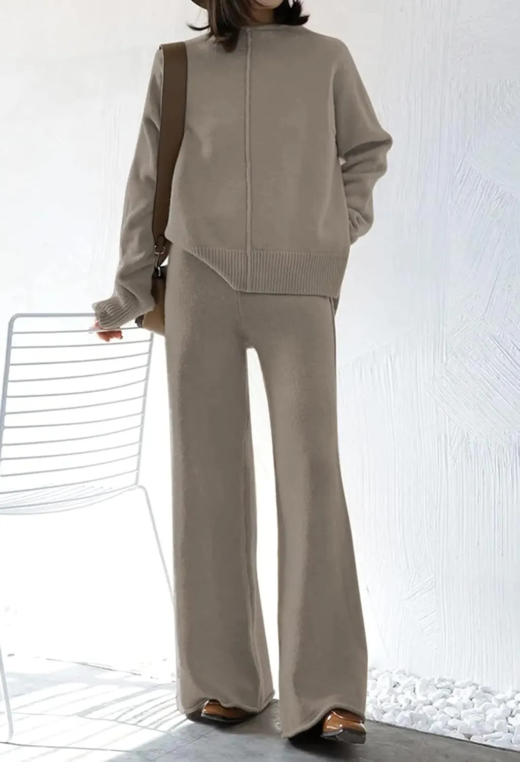 AOHITE Womens 2 Piece Outfit Set Long Sleeve Knit Pullover Sweater Top and Wide Leg Pants Sweatsuit