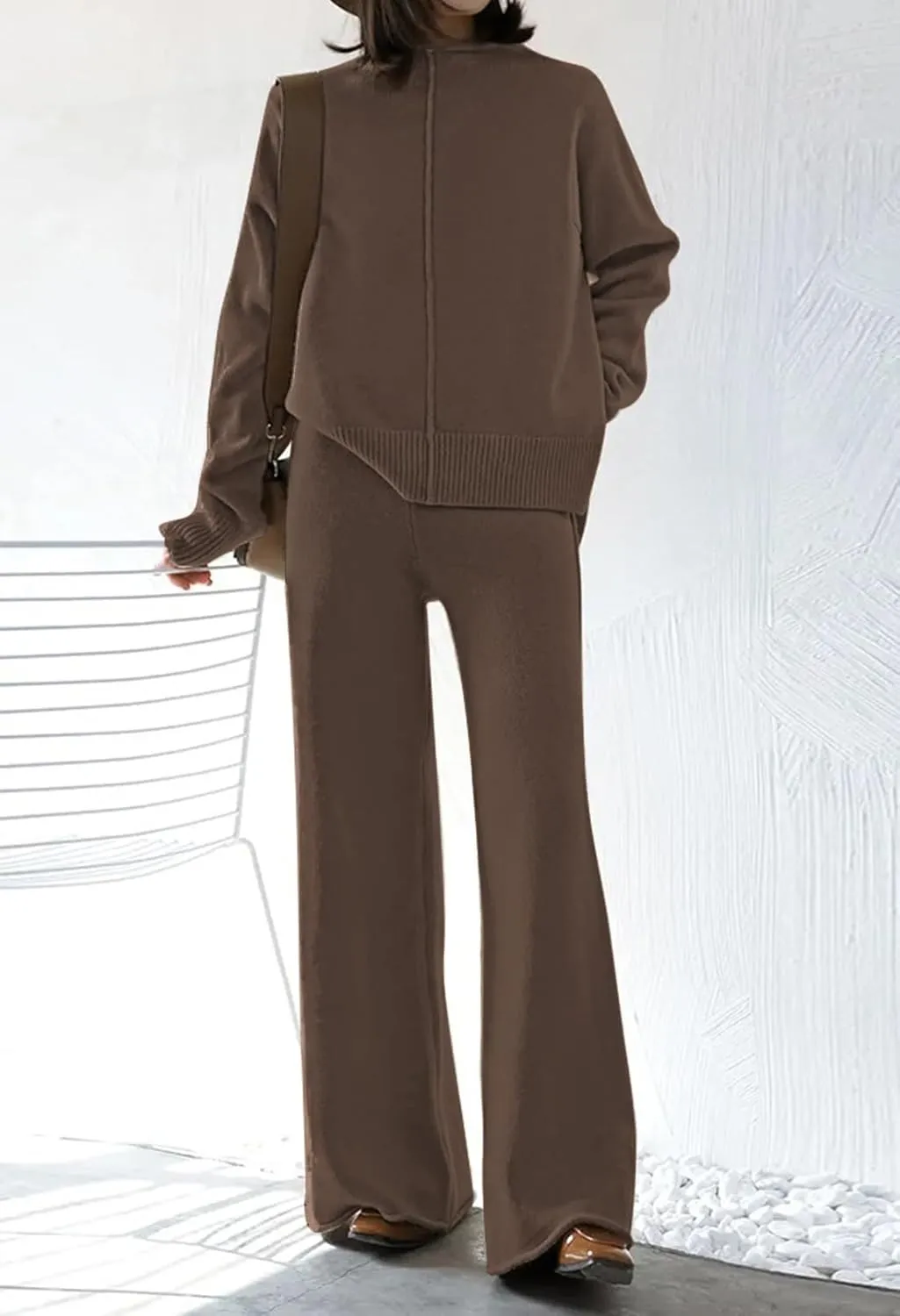 AOHITE Womens 2 Piece Outfit Set Long Sleeve Knit Pullover Sweater Top and Wide Leg Pants Sweatsuit