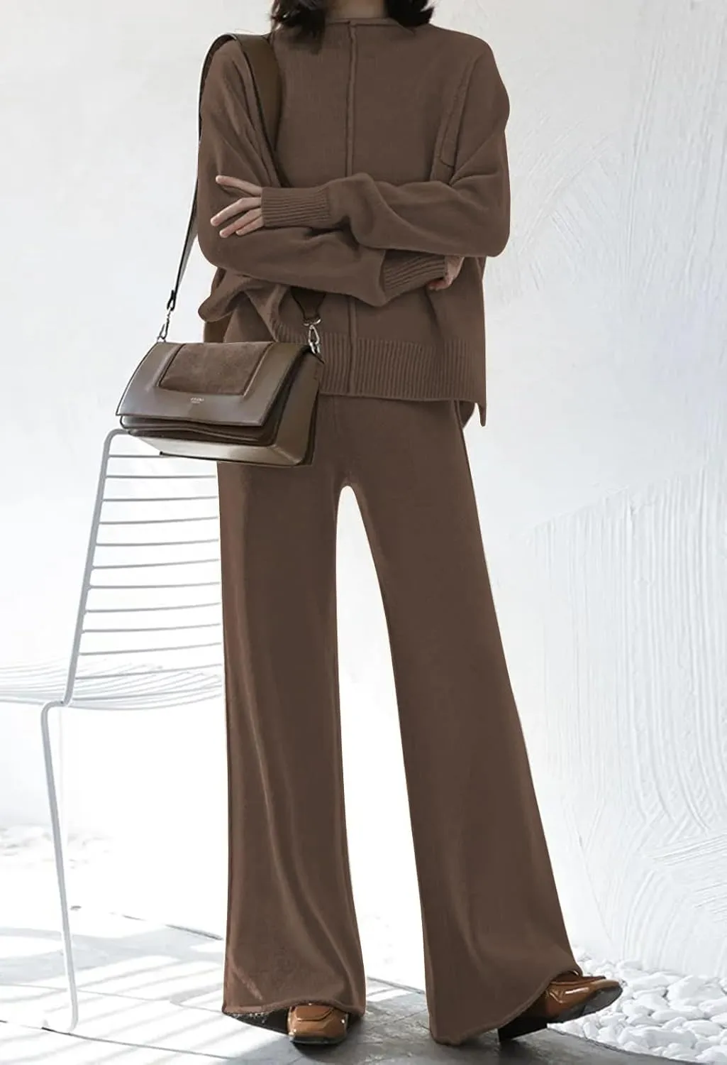 AOHITE Womens 2 Piece Outfit Set Long Sleeve Knit Pullover Sweater Top and Wide Leg Pants Sweatsuit