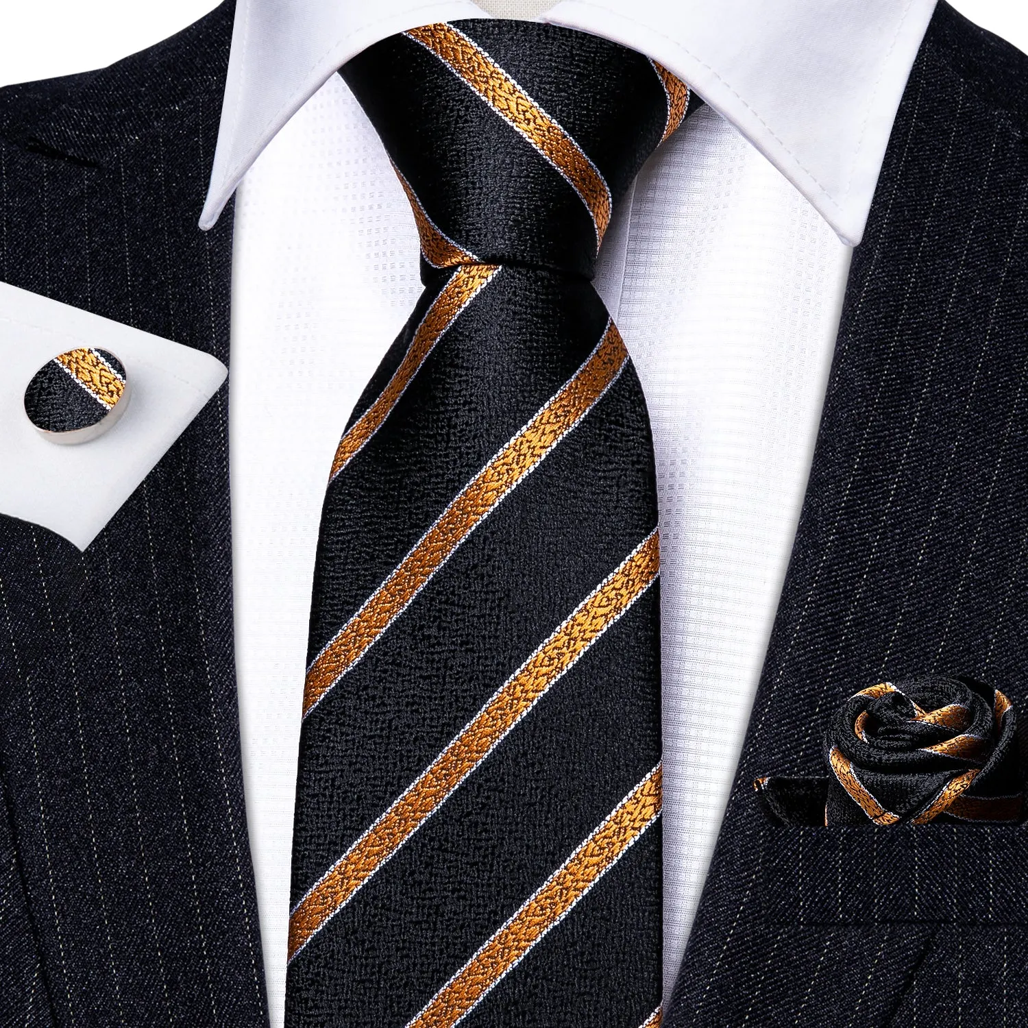 Barry Wang 4PCS Black Golden Striped Tie Hanky Cufflinks Tie Clip Set