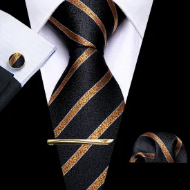 Barry Wang 4PCS Black Golden Striped Tie Hanky Cufflinks Tie Clip Set