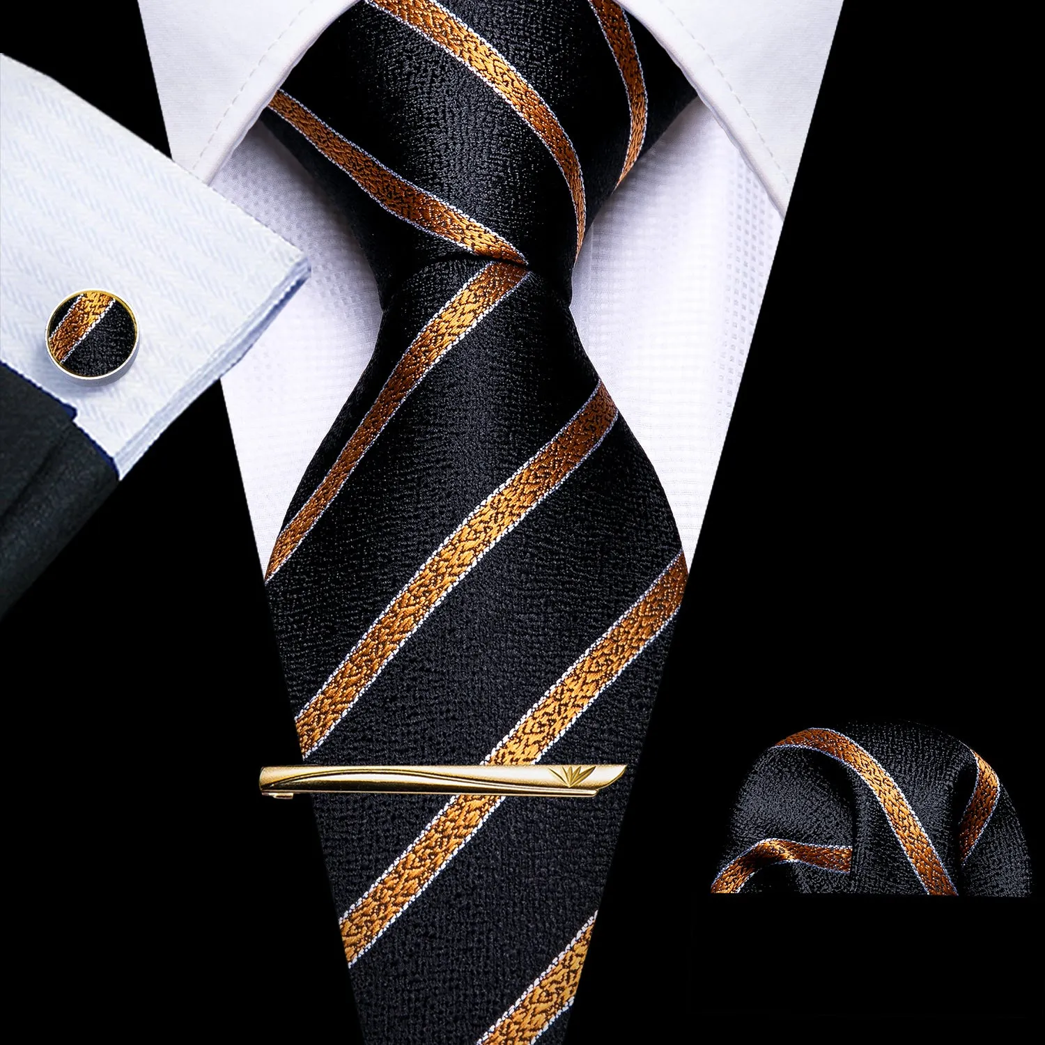 Barry Wang 4PCS Black Golden Striped Tie Hanky Cufflinks Tie Clip Set