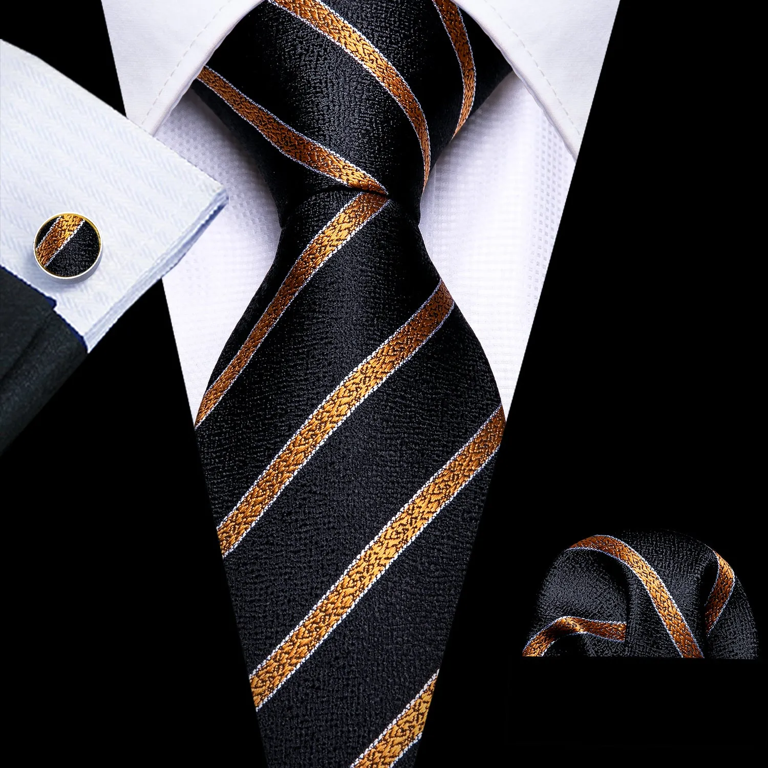 Barry Wang 4PCS Black Golden Striped Tie Hanky Cufflinks Tie Clip Set