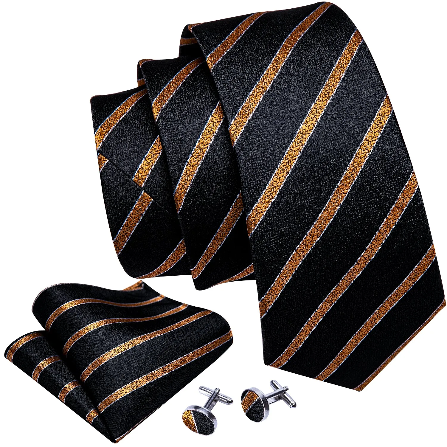 Barry Wang 4PCS Black Golden Striped Tie Hanky Cufflinks Tie Clip Set