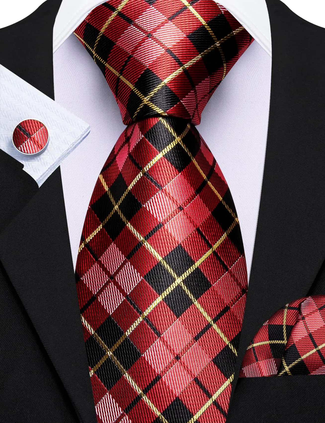 Barry Wang Black Red Checkered Tie Yellow Lines Jacquard Men's Tie Set