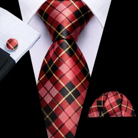 Barry Wang Black Red Checkered Tie Yellow Lines Jacquard Men's Tie Set