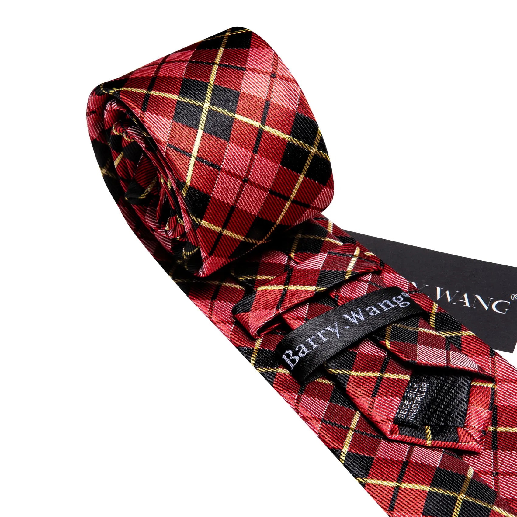 Barry Wang Black Red Checkered Tie Yellow Lines Jacquard Men's Tie Set