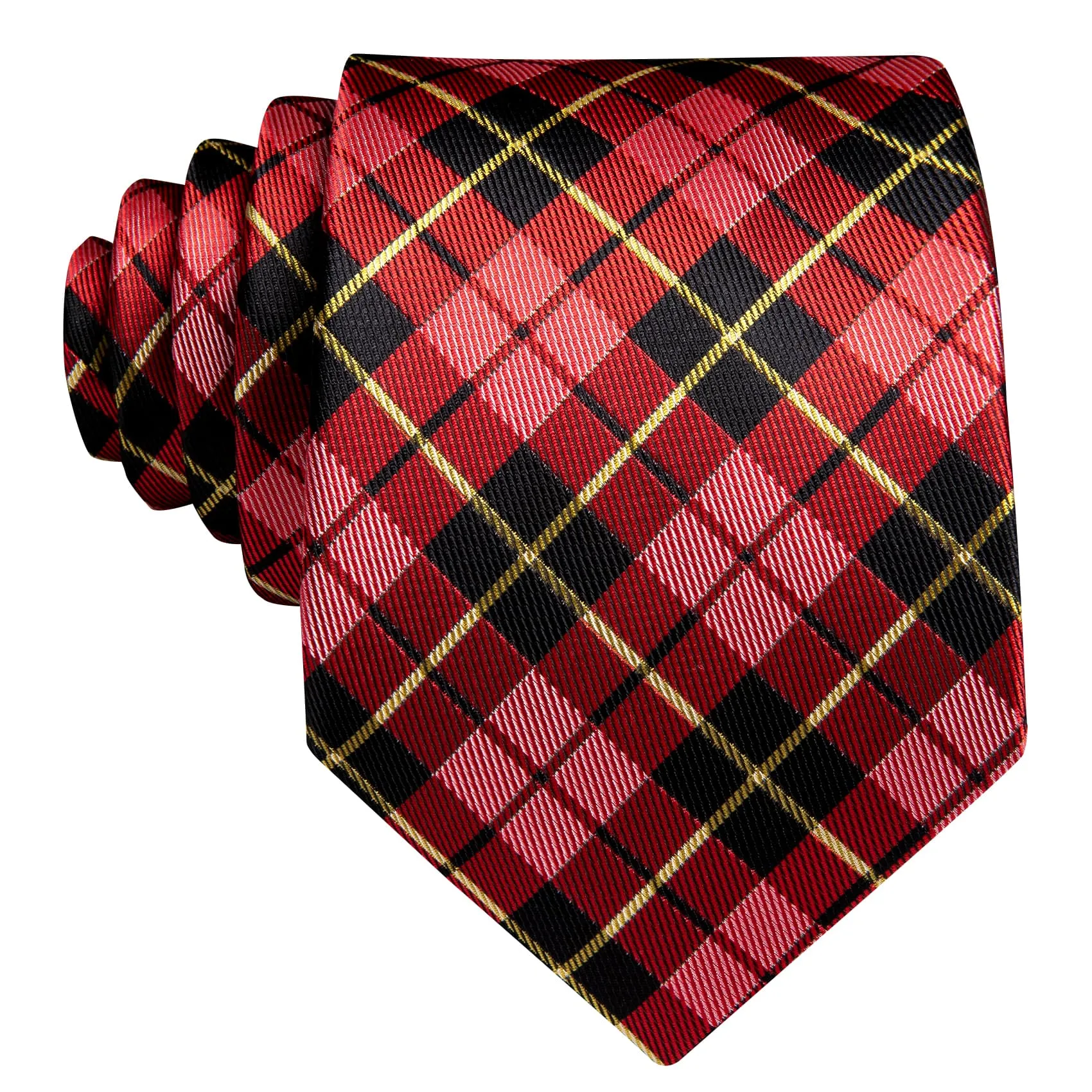 Barry Wang Black Red Checkered Tie Yellow Lines Jacquard Men's Tie Set
