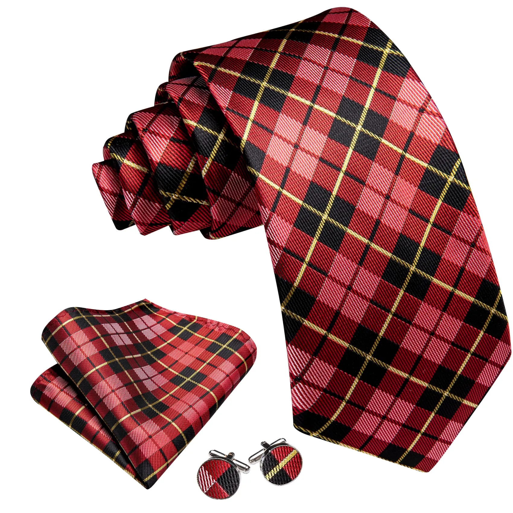 Barry Wang Black Red Checkered Tie Yellow Lines Jacquard Men's Tie Set