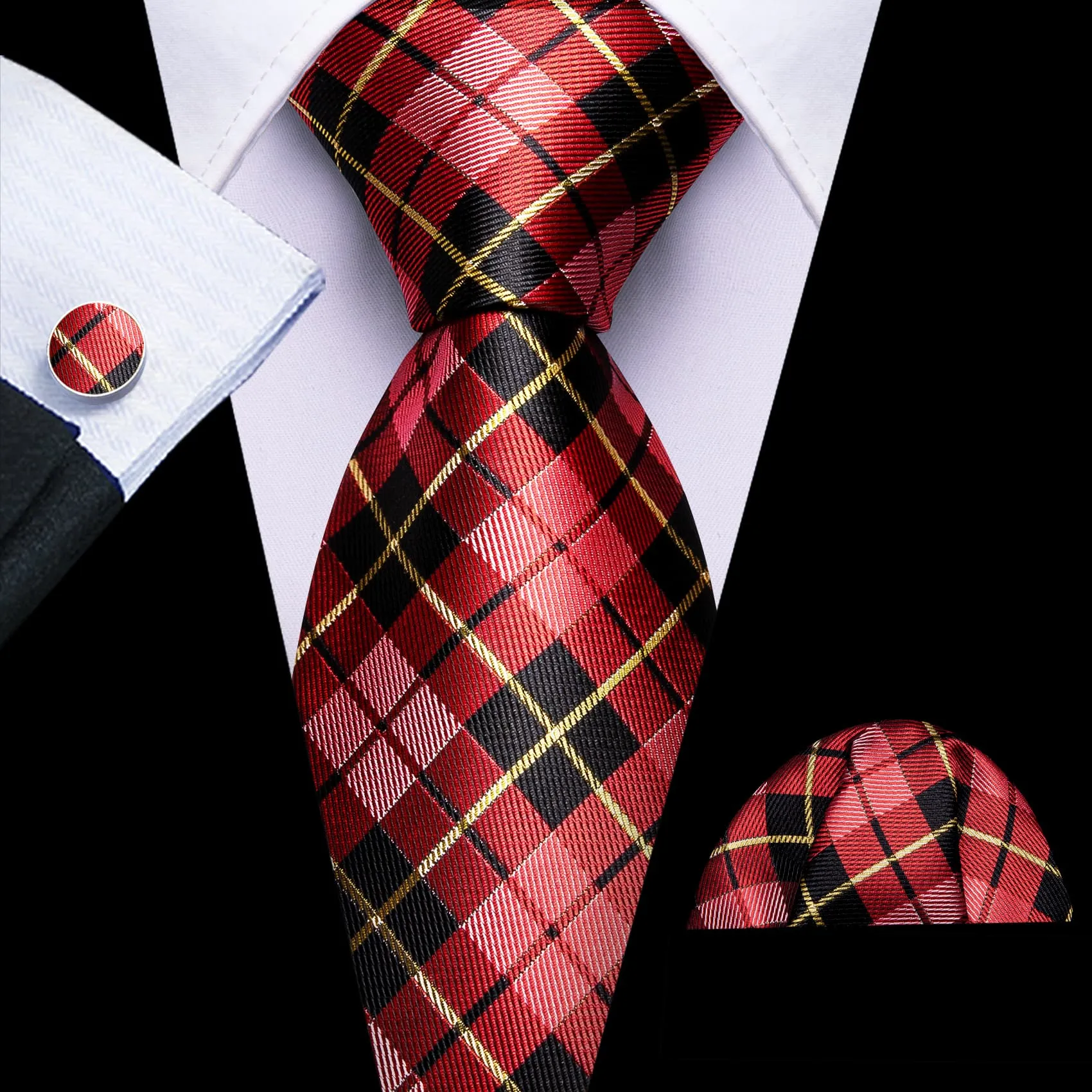 Barry Wang Black Red Checkered Tie Yellow Lines Jacquard Men's Tie Set
