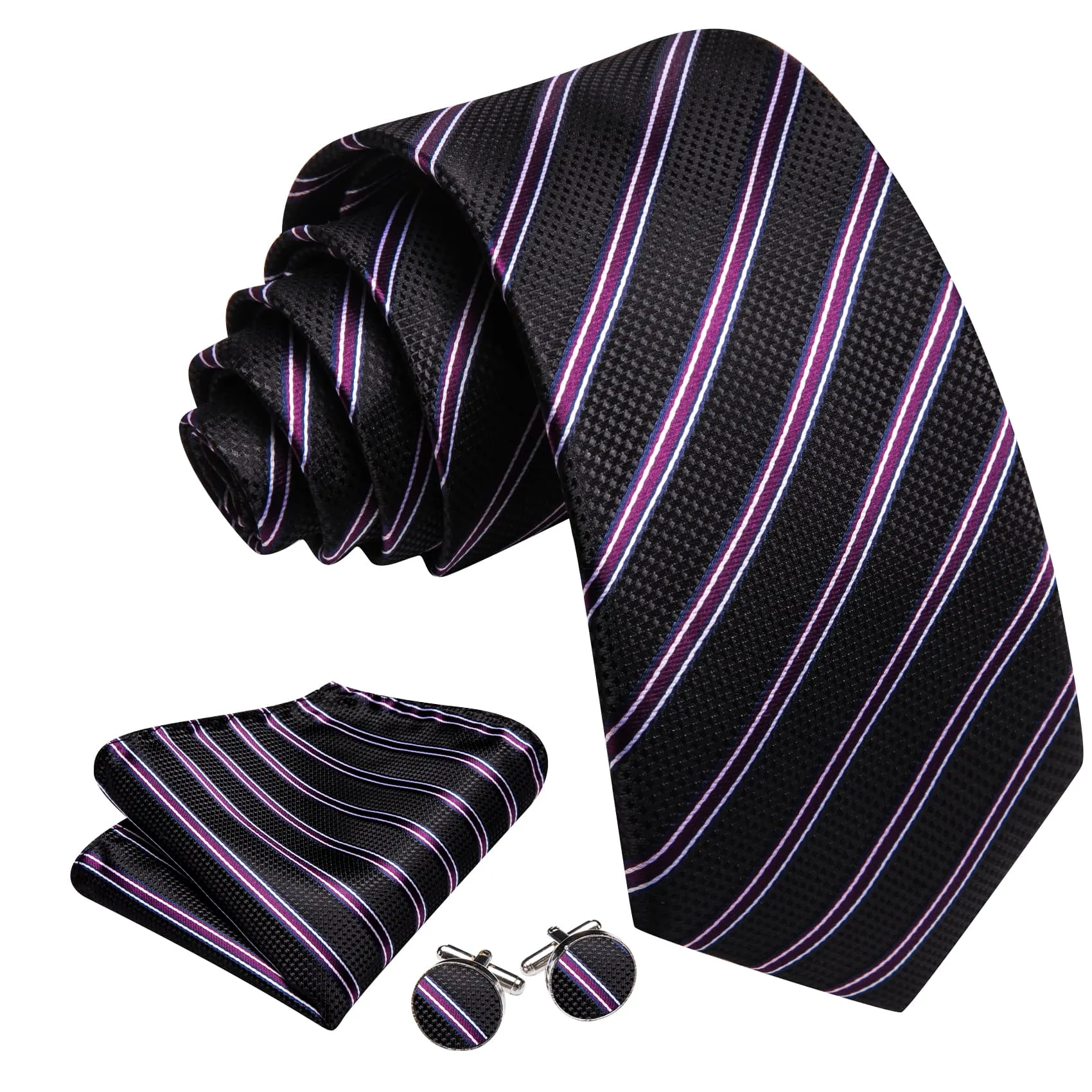 Barry Wang Black Striped Tie with White Purple Stripes Men's Necktie Set