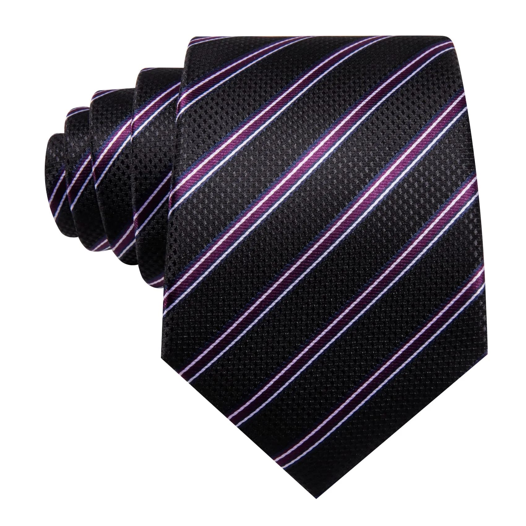 Barry Wang Black Striped Tie with White Purple Stripes Men's Necktie Set