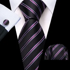 Barry Wang Black Striped Tie with White Purple Stripes Men's Necktie Set