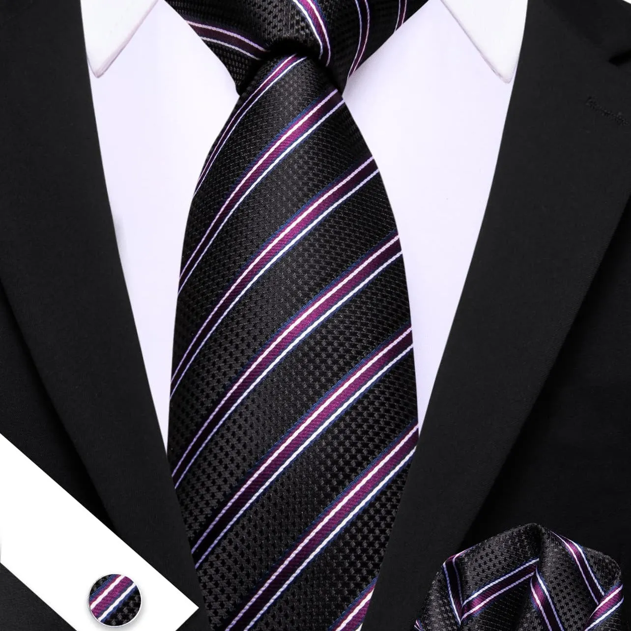 Barry Wang Black Striped Tie with White Purple Stripes Men's Necktie Set