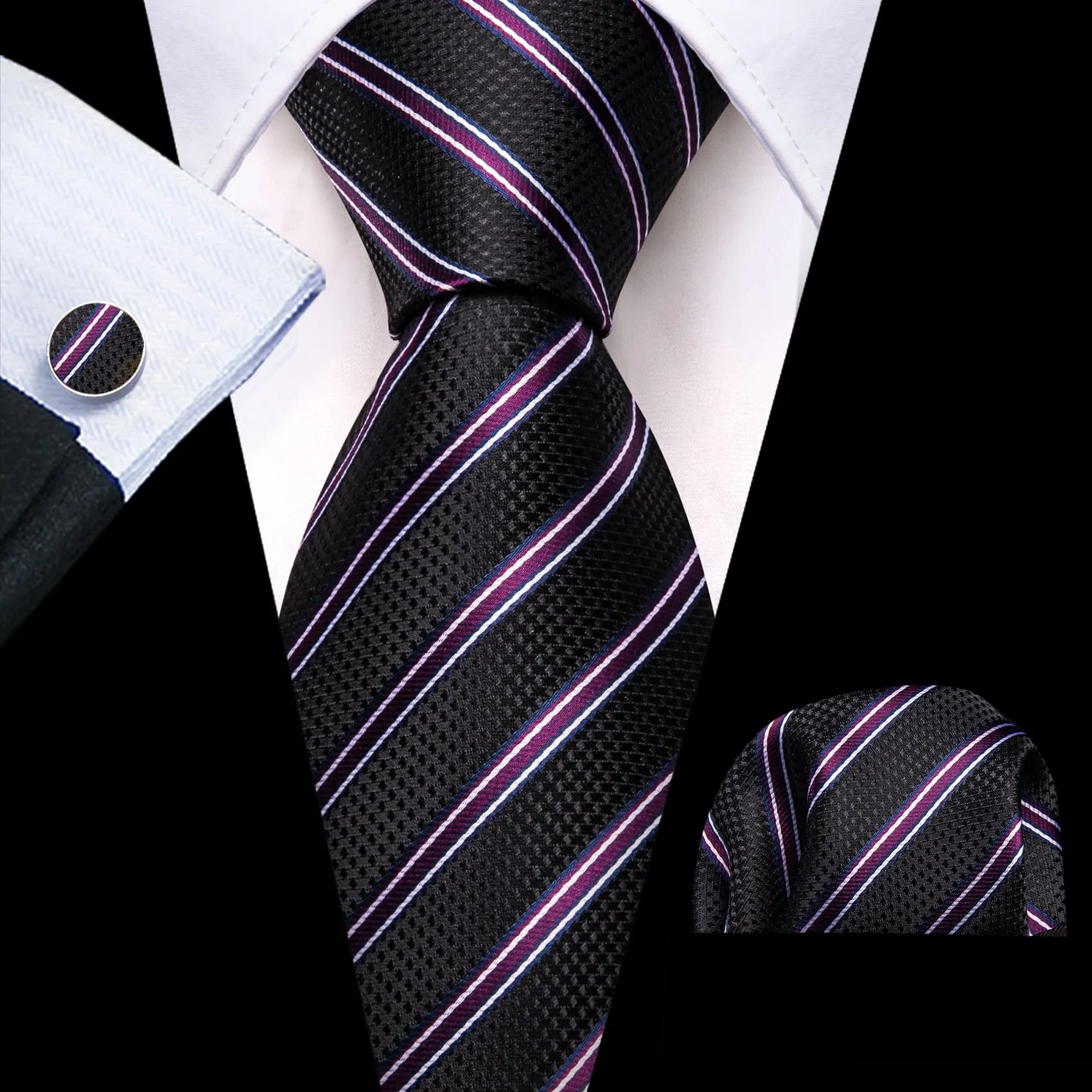 Barry Wang Black Striped Tie with White Purple Stripes Men's Necktie Set