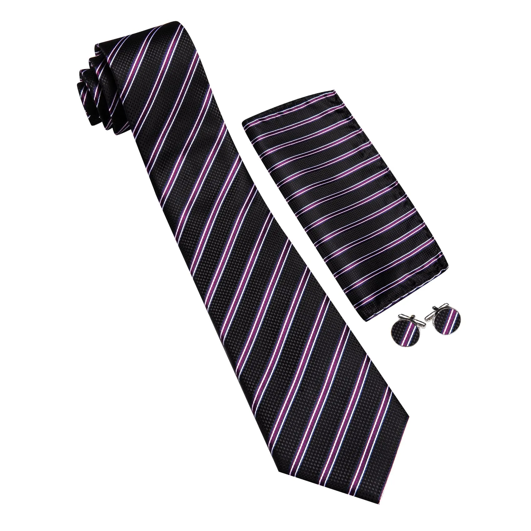 Barry Wang Black Striped Tie with White Purple Stripes Men's Necktie Set