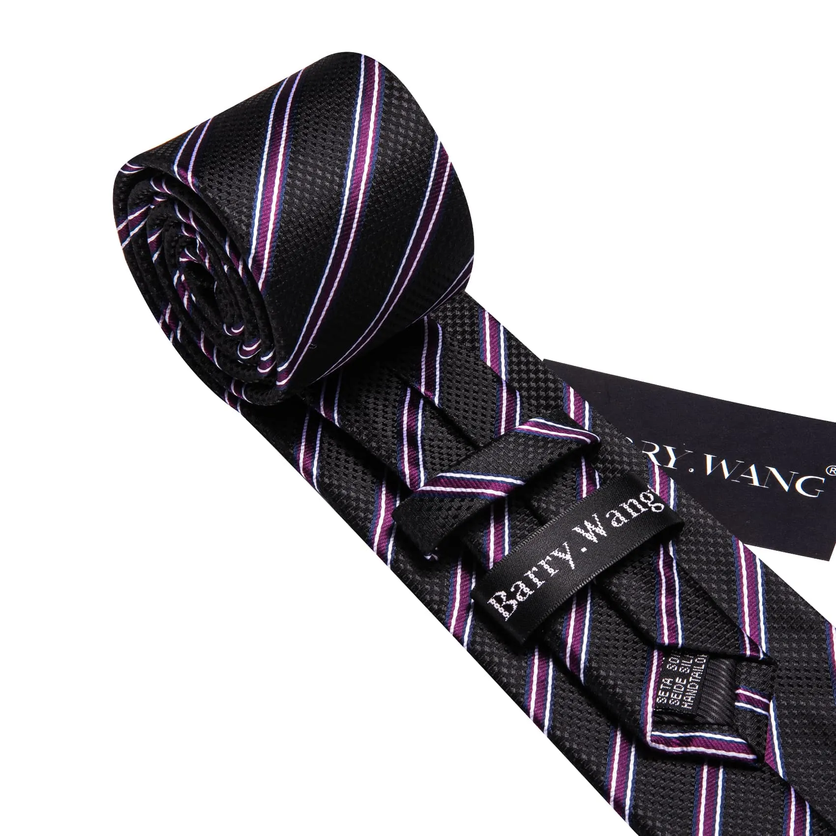 Barry Wang Black Striped Tie with White Purple Stripes Men's Necktie Set