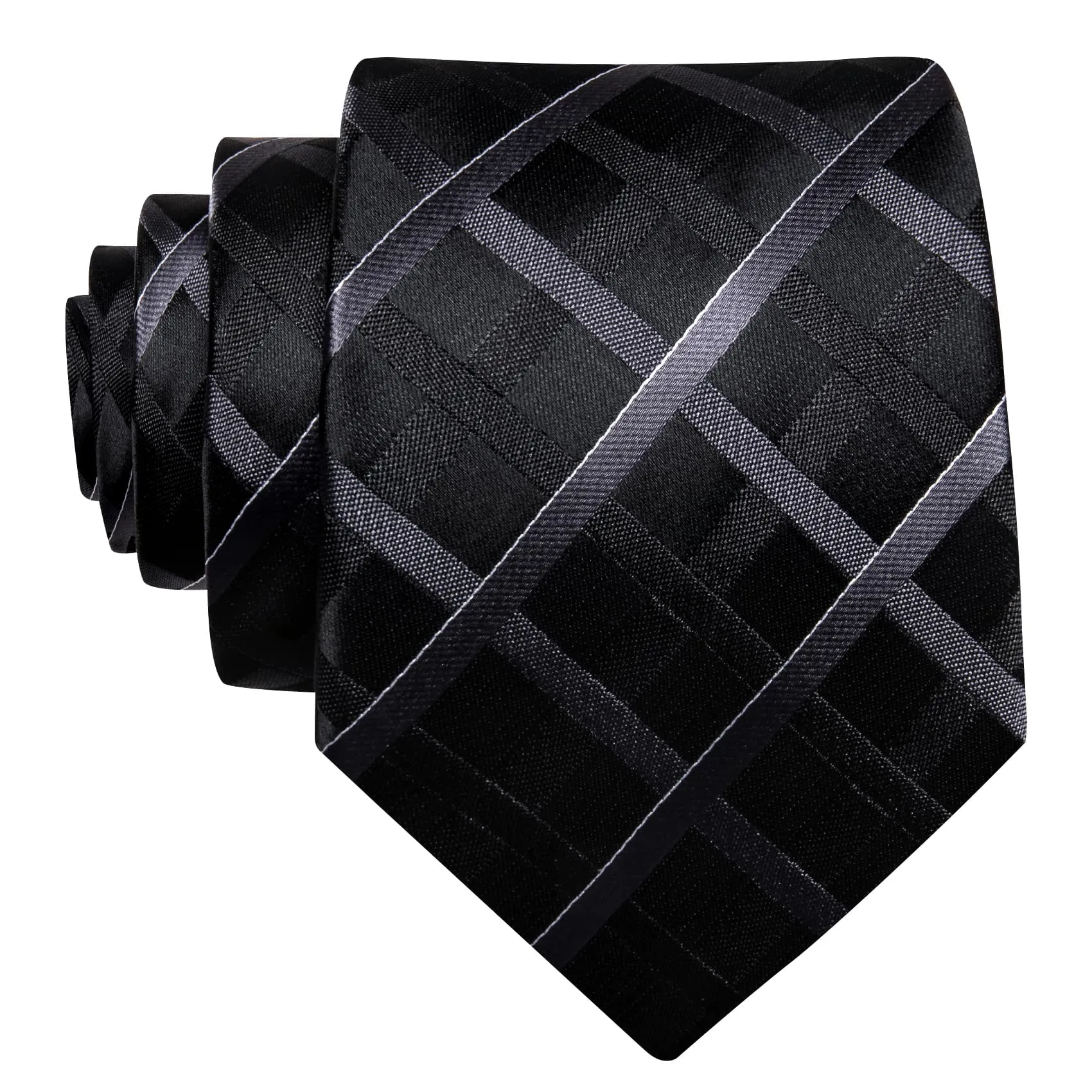 Barry Wang Black Tie Dark Grey Checkered Necktie Hanky Cufflinks Set