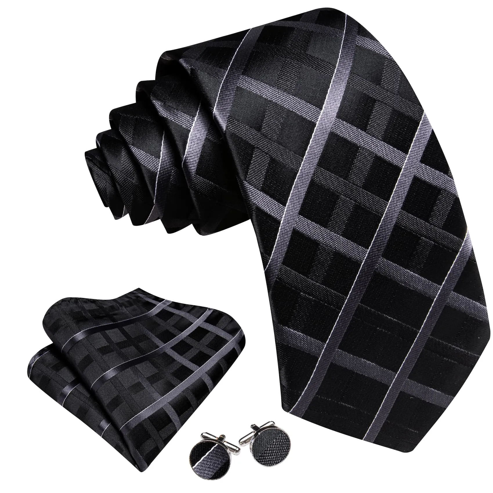 Barry Wang Black Tie Dark Grey Checkered Necktie Hanky Cufflinks Set