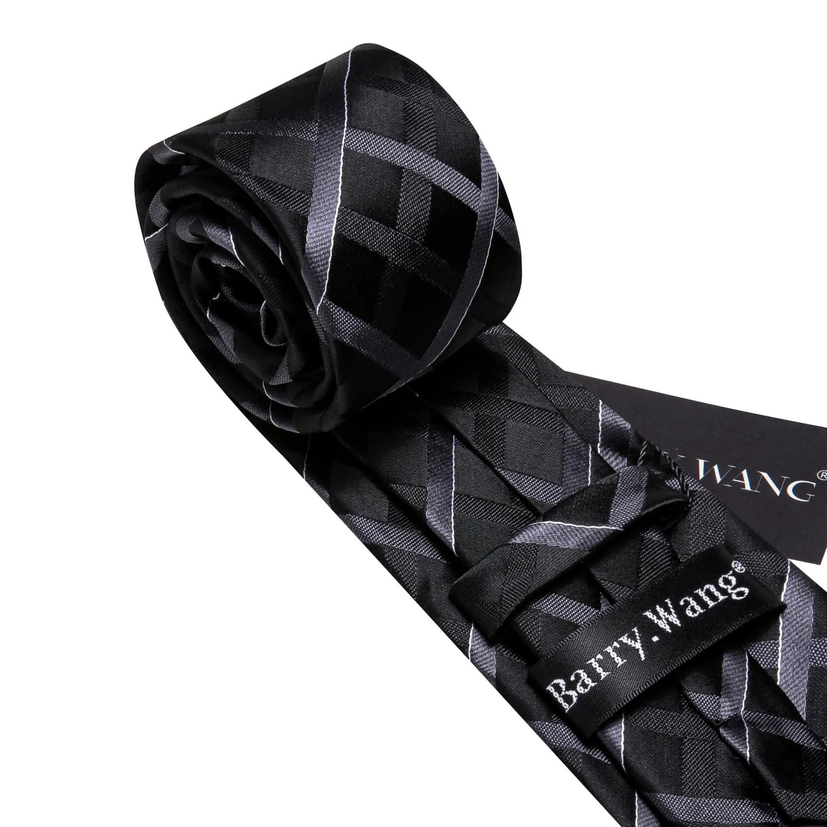 Barry Wang Black Tie Dark Grey Checkered Necktie Hanky Cufflinks Set