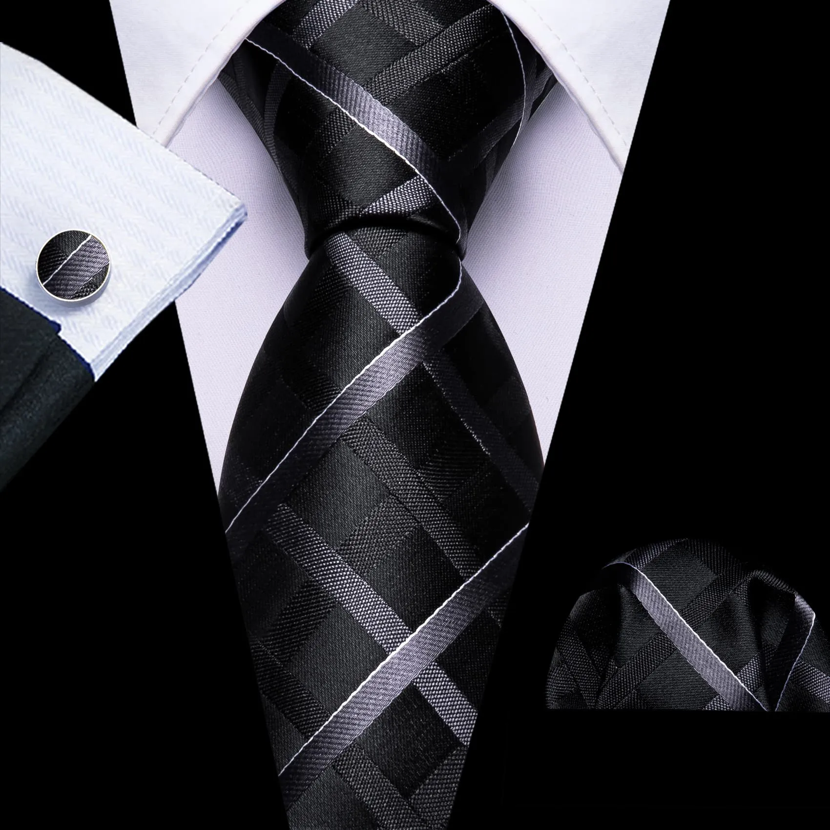 Barry Wang Black Tie Dark Grey Checkered Necktie Hanky Cufflinks Set
