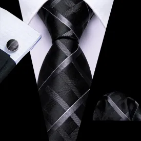 Barry Wang Black Tie Dark Grey Checkered Necktie Hanky Cufflinks Set