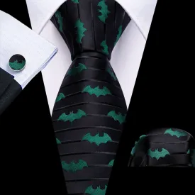 Barry Wang Black Tie Green Novelty Bat Men's Silk Tie Hanky Cufflinks Set