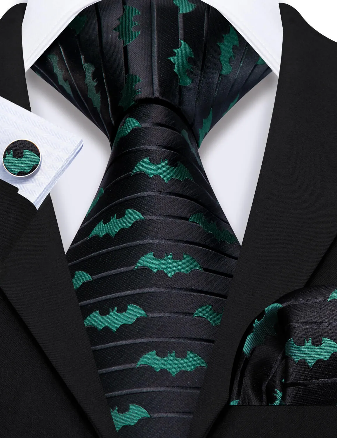 Barry Wang Black Tie Green Novelty Bat Men's Silk Tie Hanky Cufflinks Set