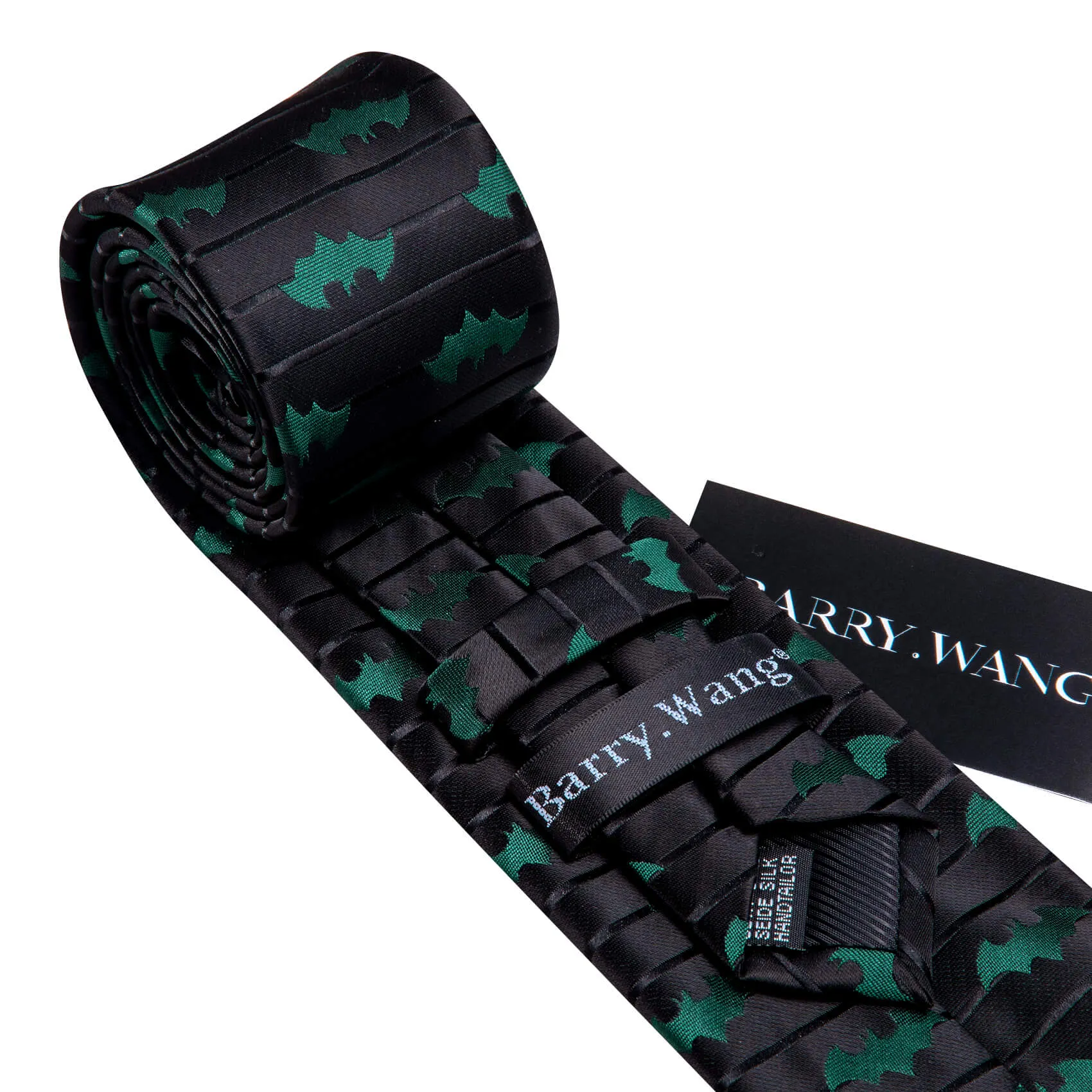 Barry Wang Black Tie Green Novelty Bat Men's Silk Tie Hanky Cufflinks Set