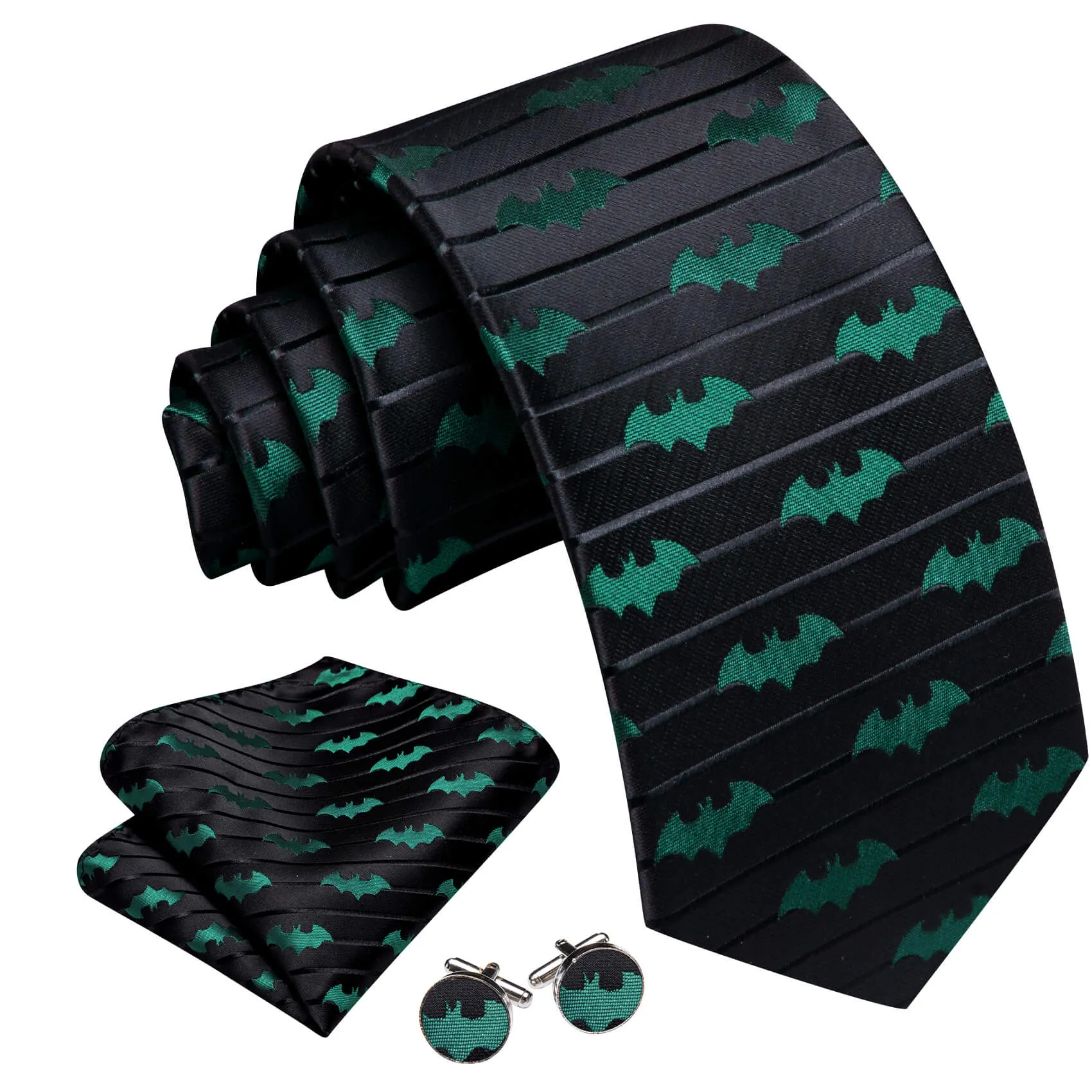 Barry Wang Black Tie Green Novelty Bat Men's Silk Tie Hanky Cufflinks Set