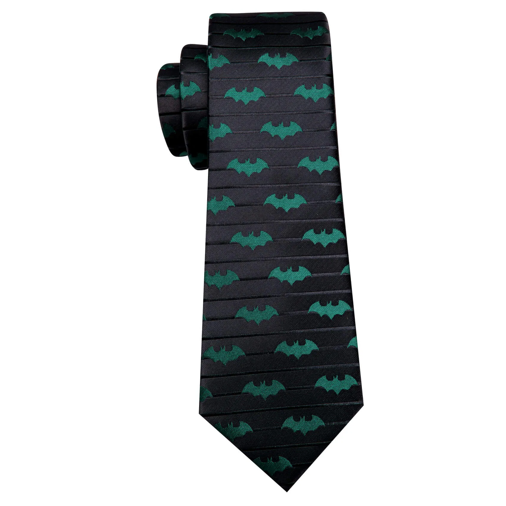Barry Wang Black Tie Green Novelty Bat Men's Silk Tie Hanky Cufflinks Set